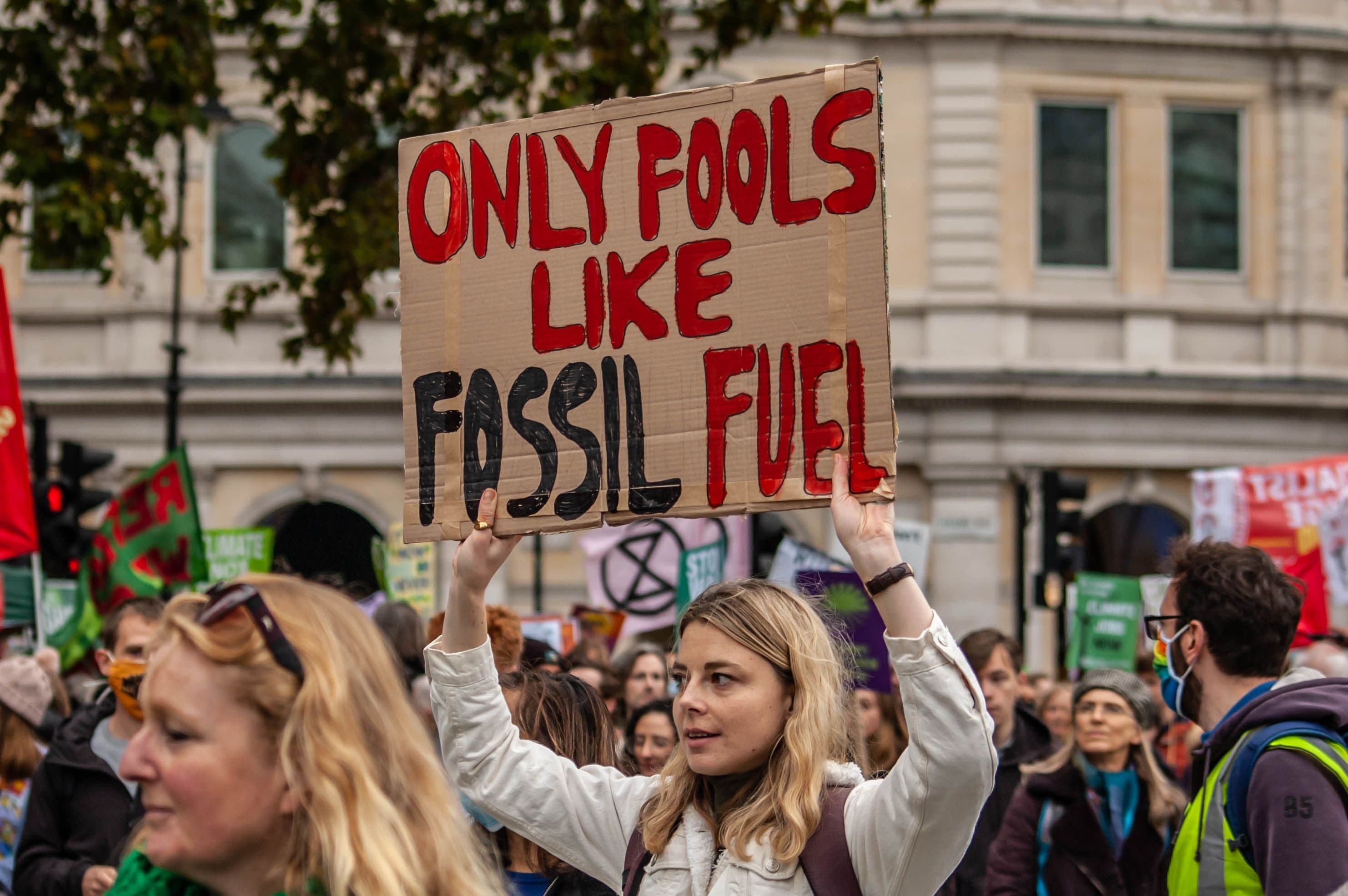 Un manifestant avec un panneau " Seuls les imbéciles aiment les énergies fossiles ".