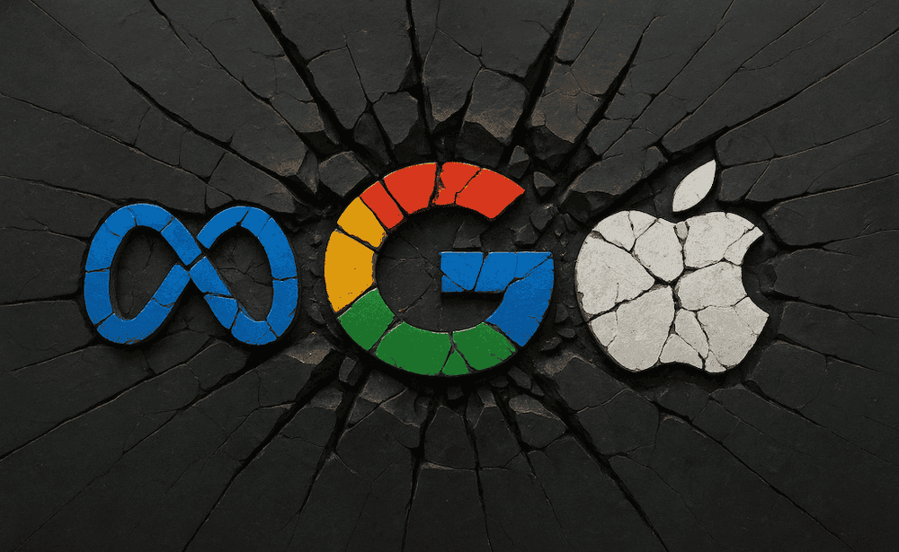 Afbeelding van de logo's van drie grote techbedrijven (meta, google en apple) gesmeed in een gebroken zwarte steen