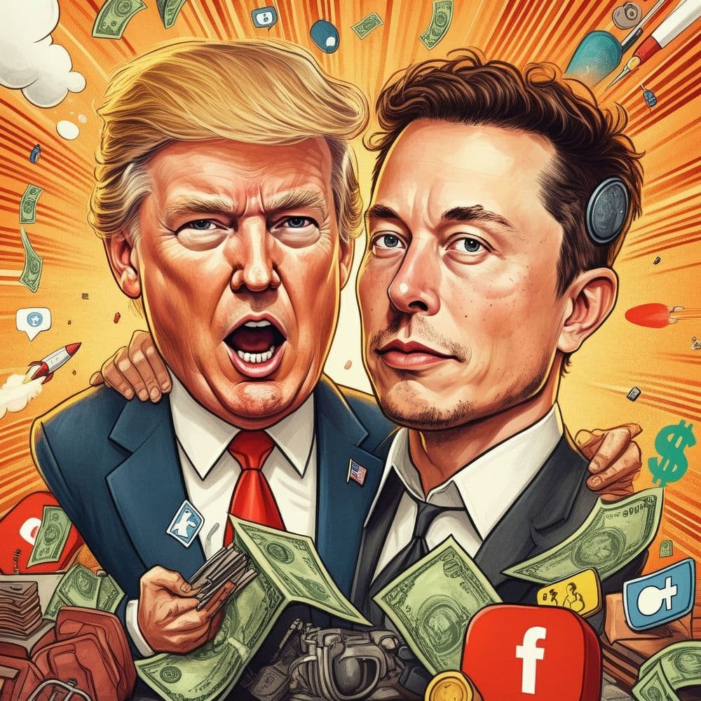 Caricatura di Musk e Trump con contanti e loghi di piattaforme di social media